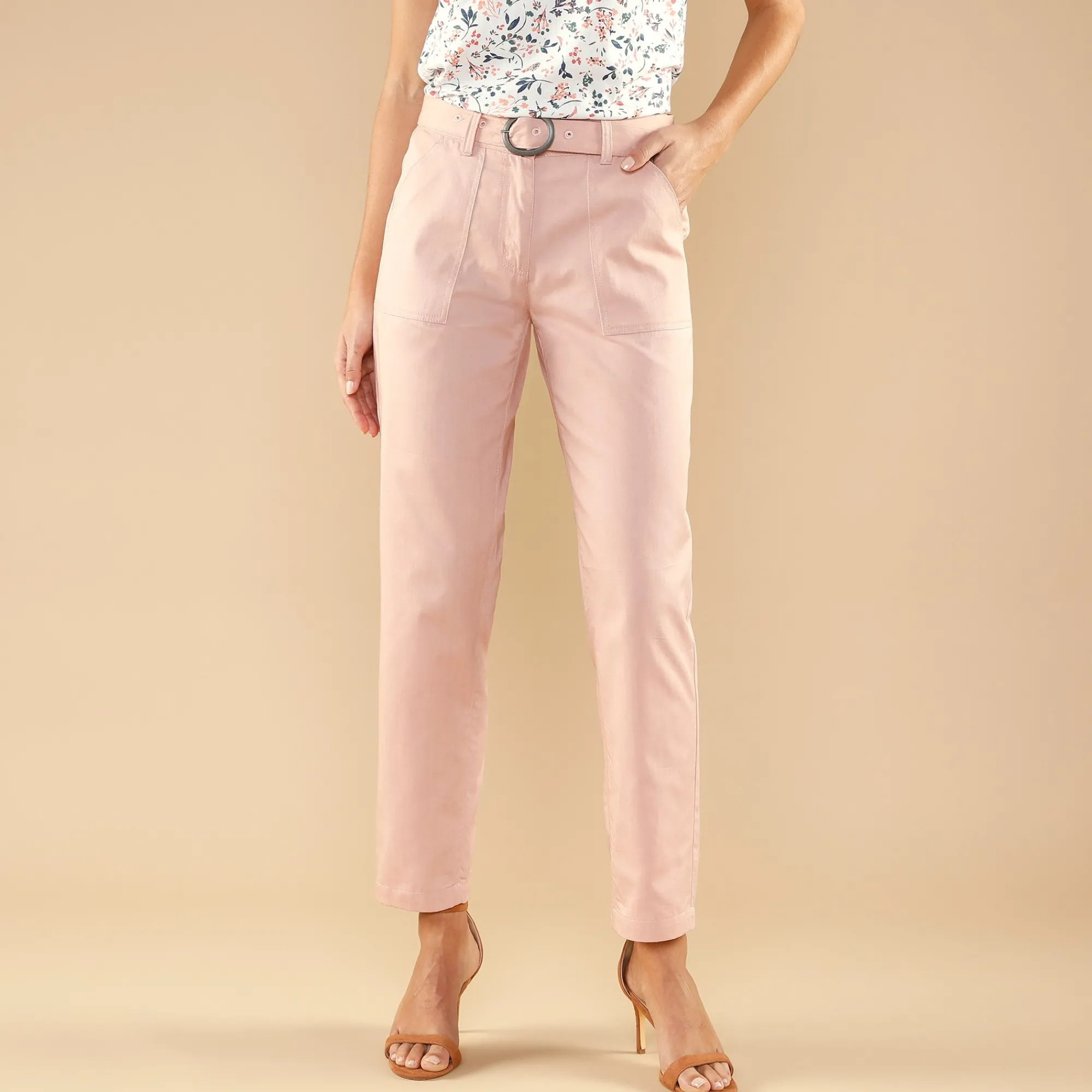 Broek<Blancheporte Rechte broek, ceintuur met gesp rozenhout