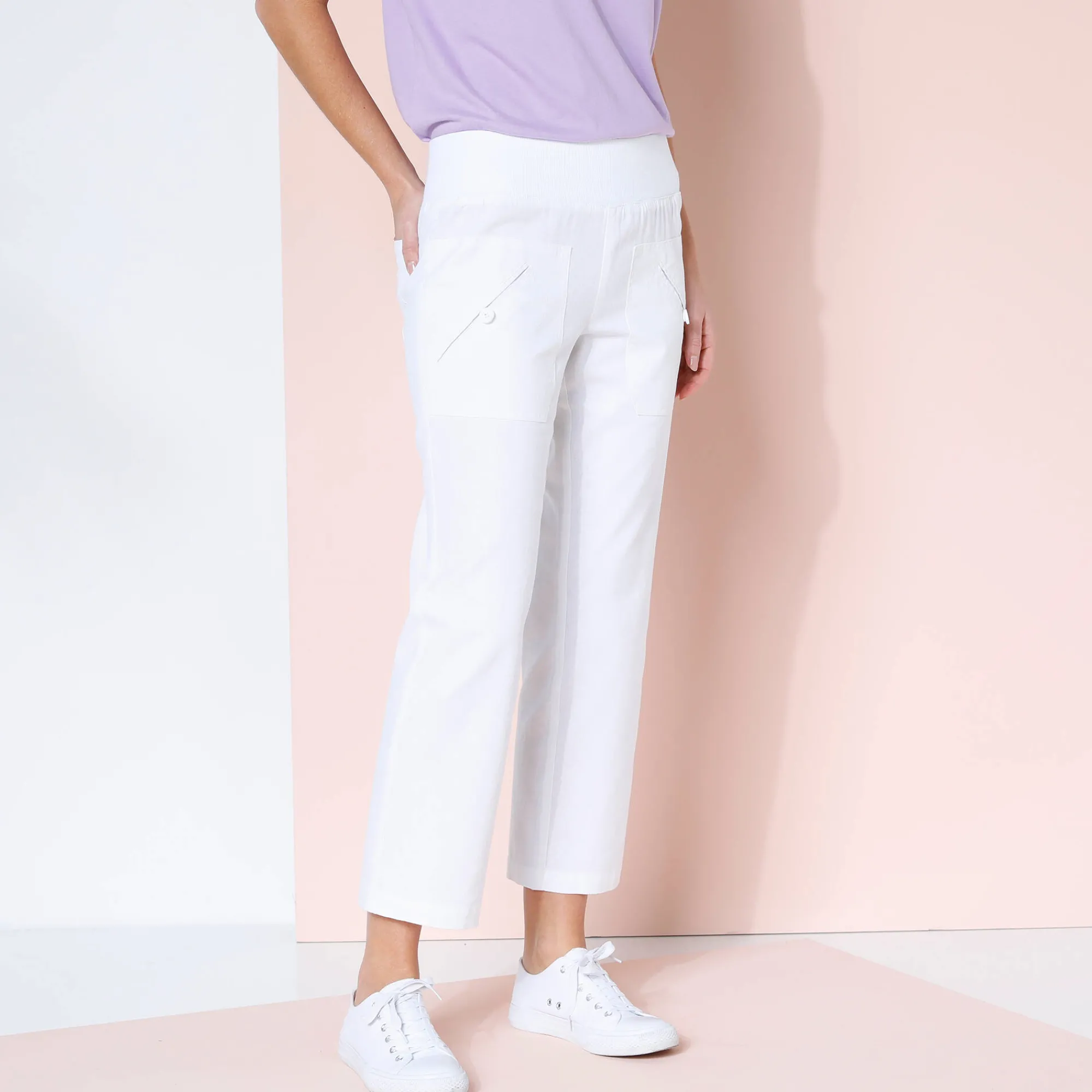 Broek<Blancheporte Rechte 7/8-broek met elastische taille, linnen/katoen wit
