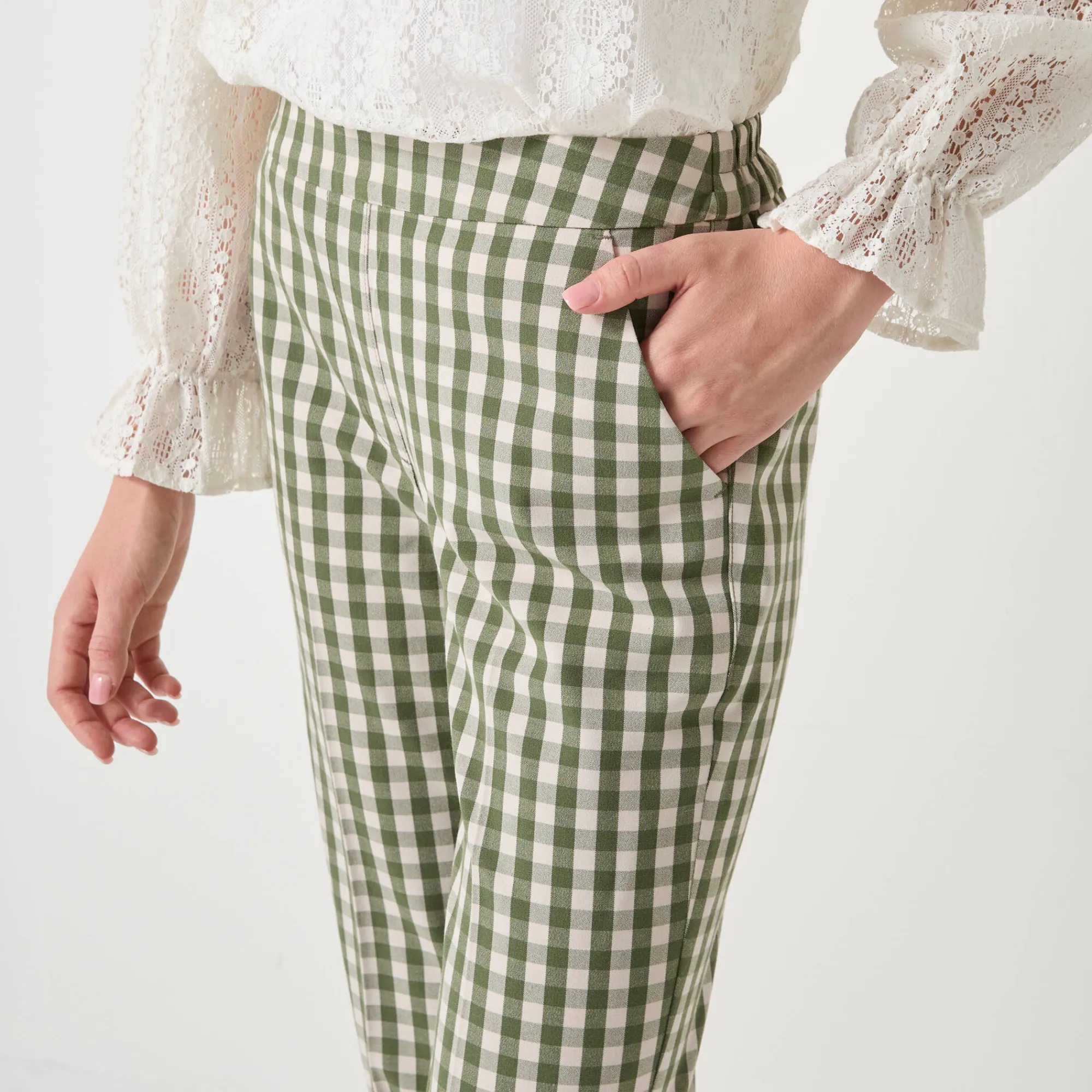 Broek<Blancheporte Rechte broek met ingeweven ruiten groen / ecru