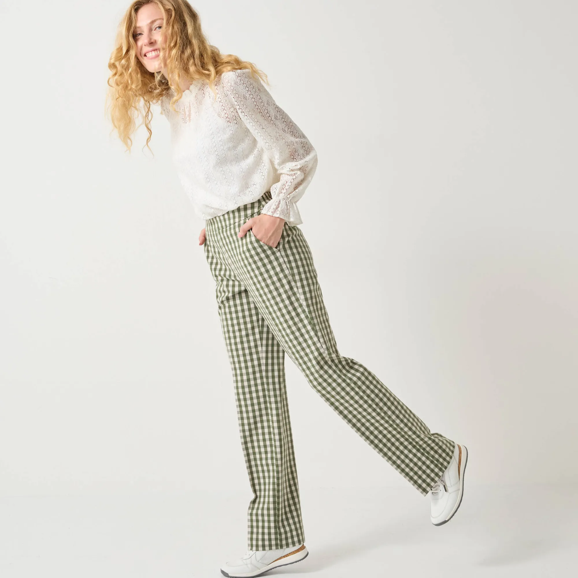Broek<Blancheporte Rechte broek met ingeweven ruiten groen / ecru