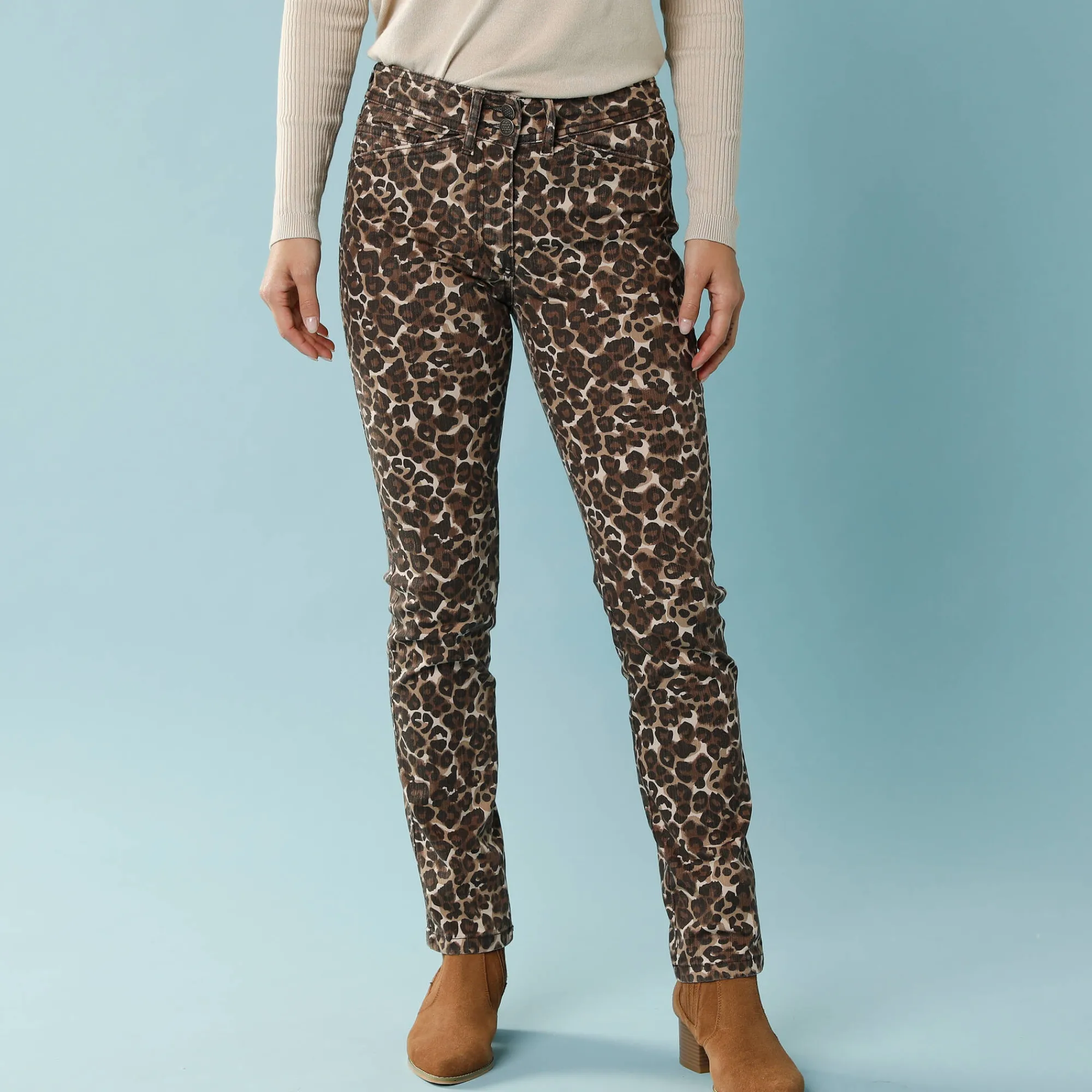 Broek<Blancheporte Rechte broek met luipaardprint, kleine lengtes taupe / chocolade