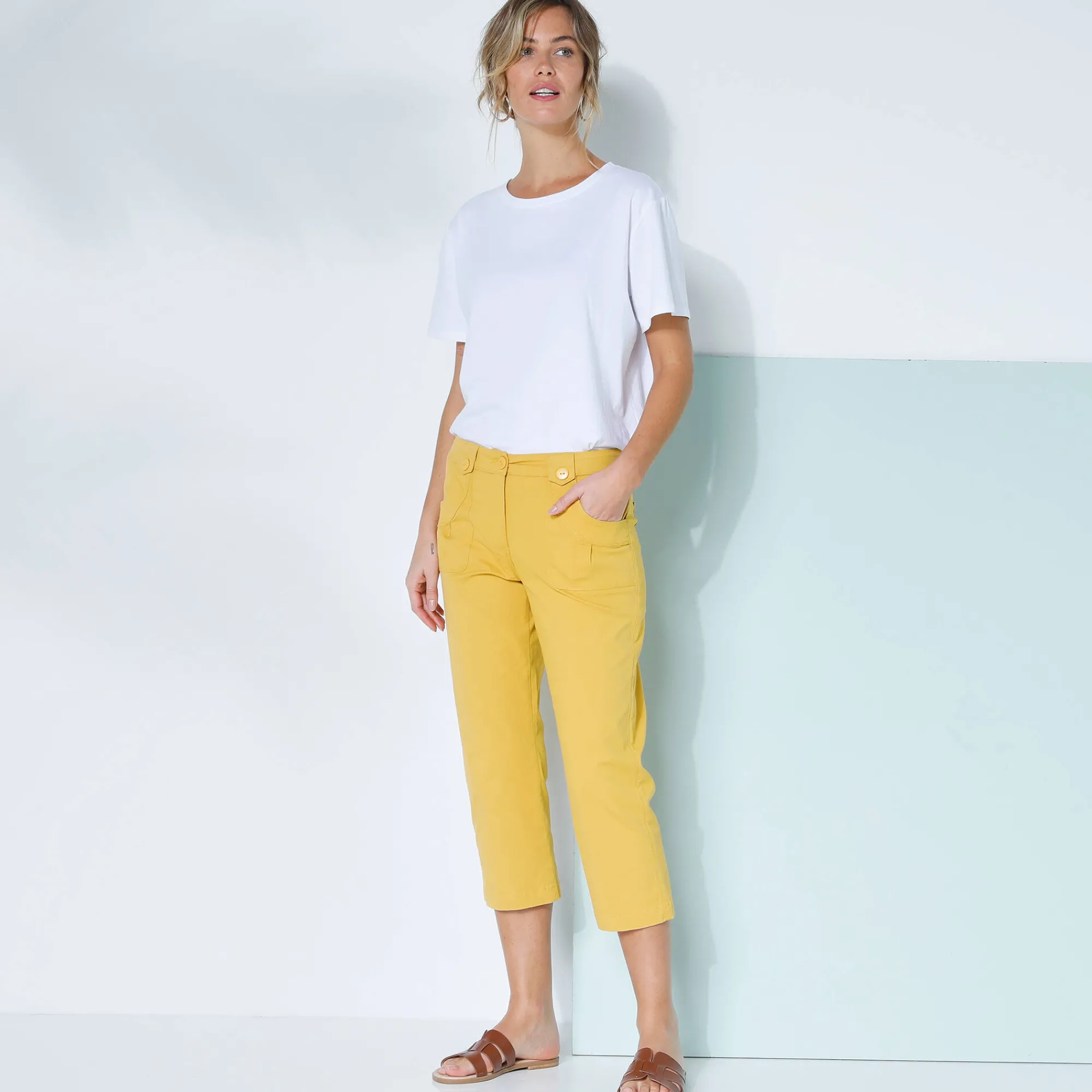 Broek<Blancheporte Rechte 7/8-broek met stretch saffraangeel