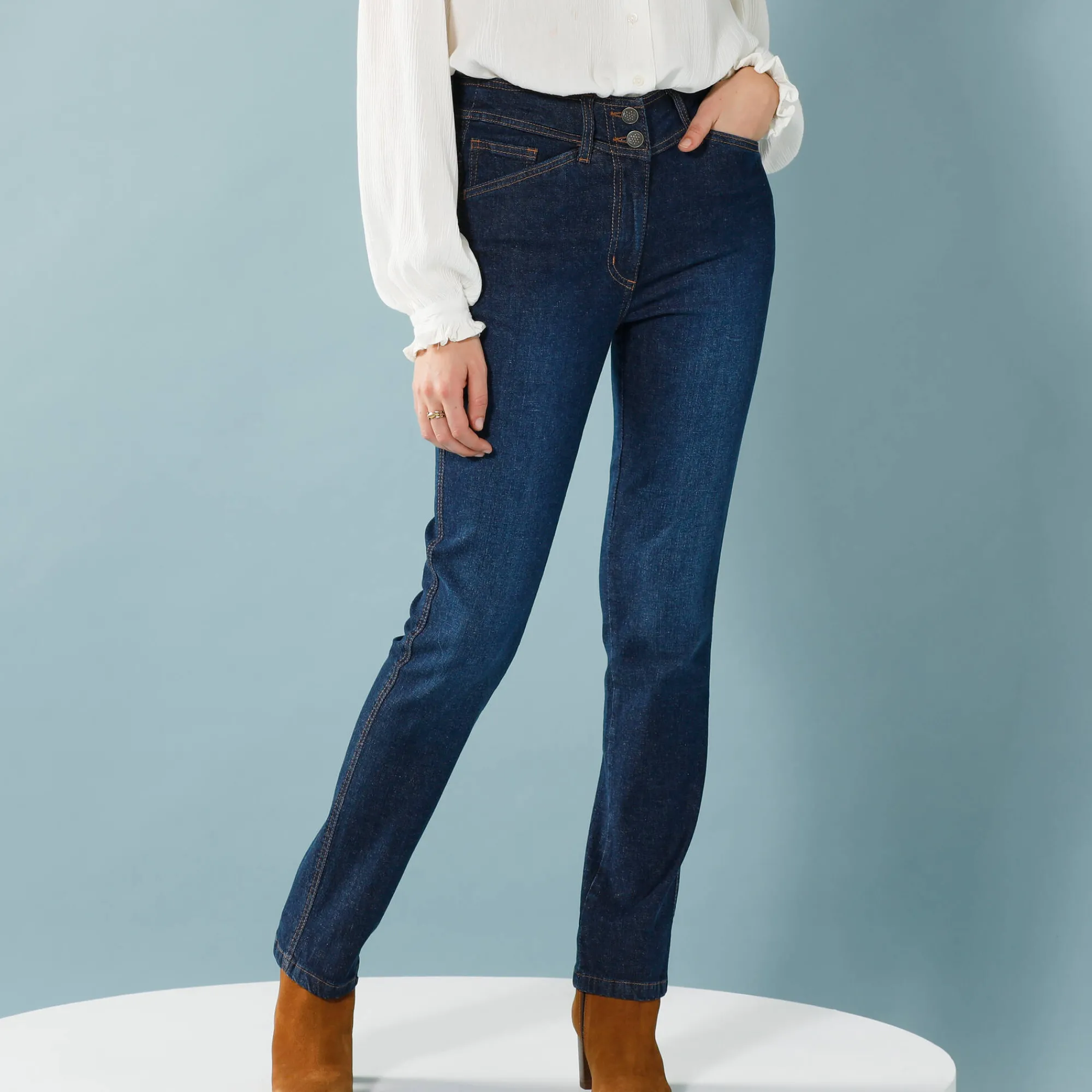Jeans<Blancheporte Rechte jeans met deelnaden, speciaal voor kleine lengtes dark blue