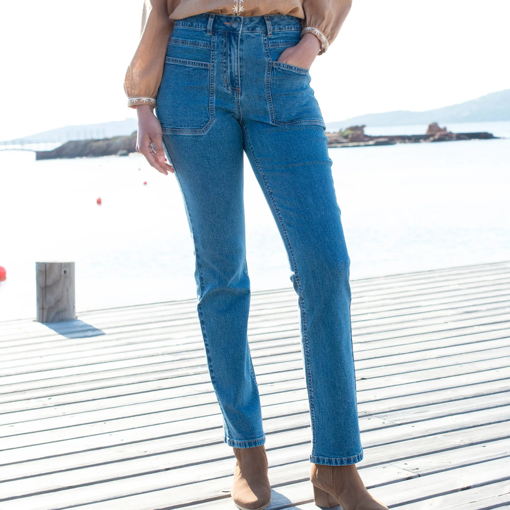 Jeans<Blancheporte Rechte jeans, opgestikte zakken stone
