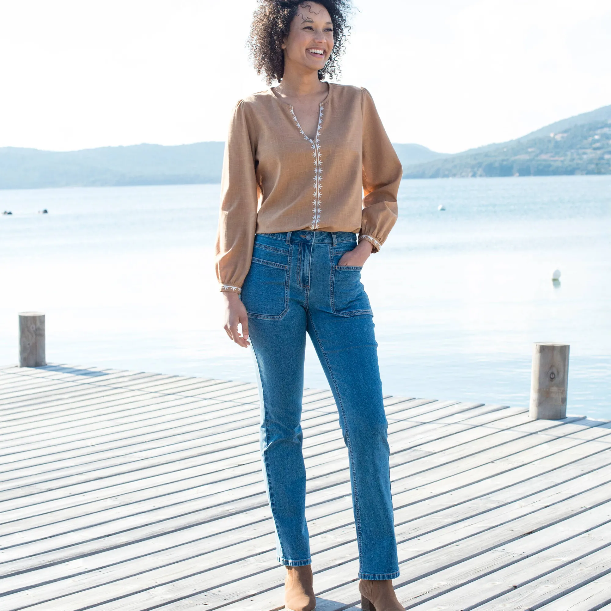Jeans<Blancheporte Rechte jeans, opgestikte zakken stone