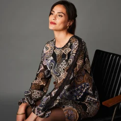 Feestoutfits Dames|Jurk<Lora Zellini Rechte jurk, print met patchworkeffect zwart / beige