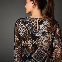 Feestoutfits Dames|Jurk<Lora Zellini Rechte jurk, print met patchworkeffect zwart / beige