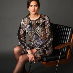Feestoutfits Dames|Jurk<Lora Zellini Rechte jurk, print met patchworkeffect zwart / beige