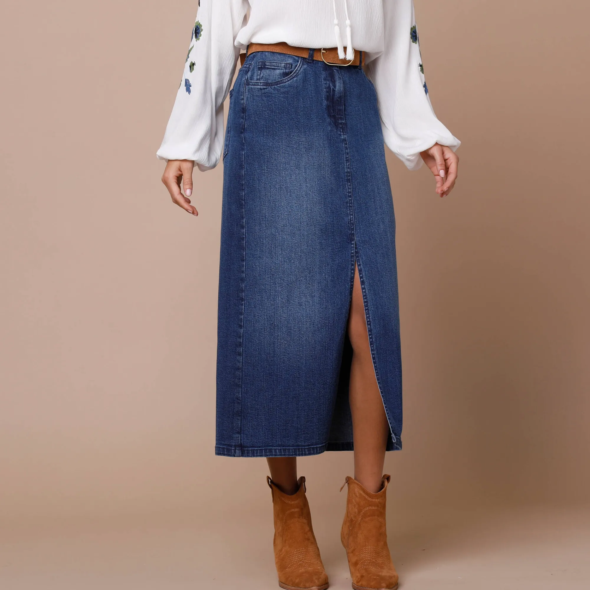 Rok<Lora Zellini Rechte rok met split, jeans stone