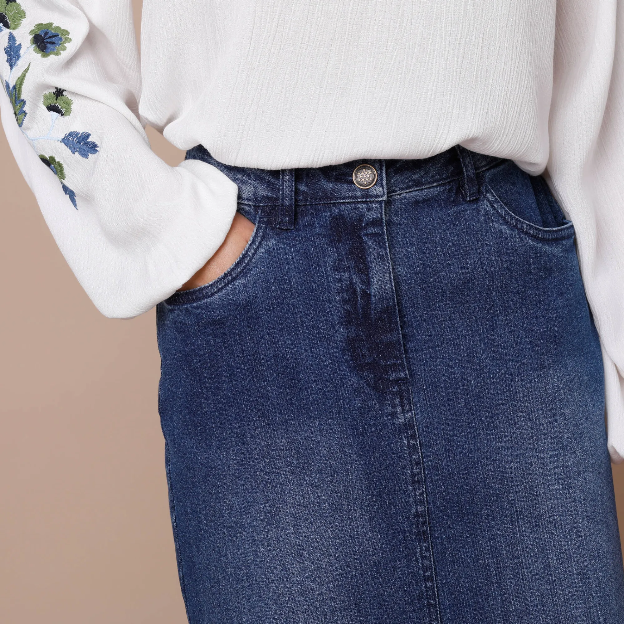 Rok<Lora Zellini Rechte rok met split, jeans stone