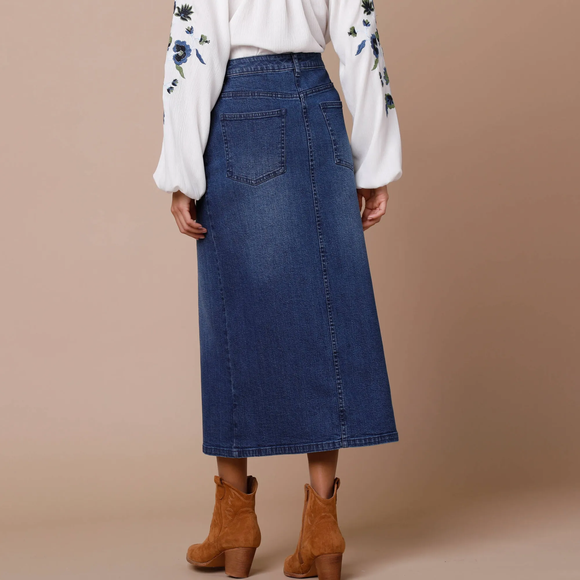 Rok<Lora Zellini Rechte rok met split, jeans stone