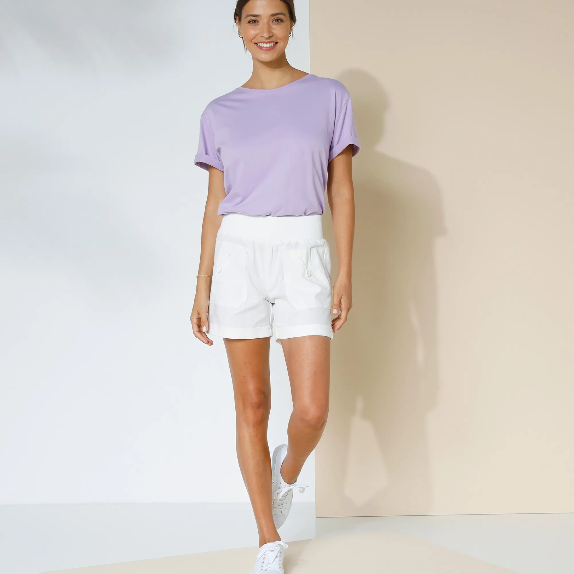 Short<Blancheporte Rechte short met omslag, katoen/linnen wit