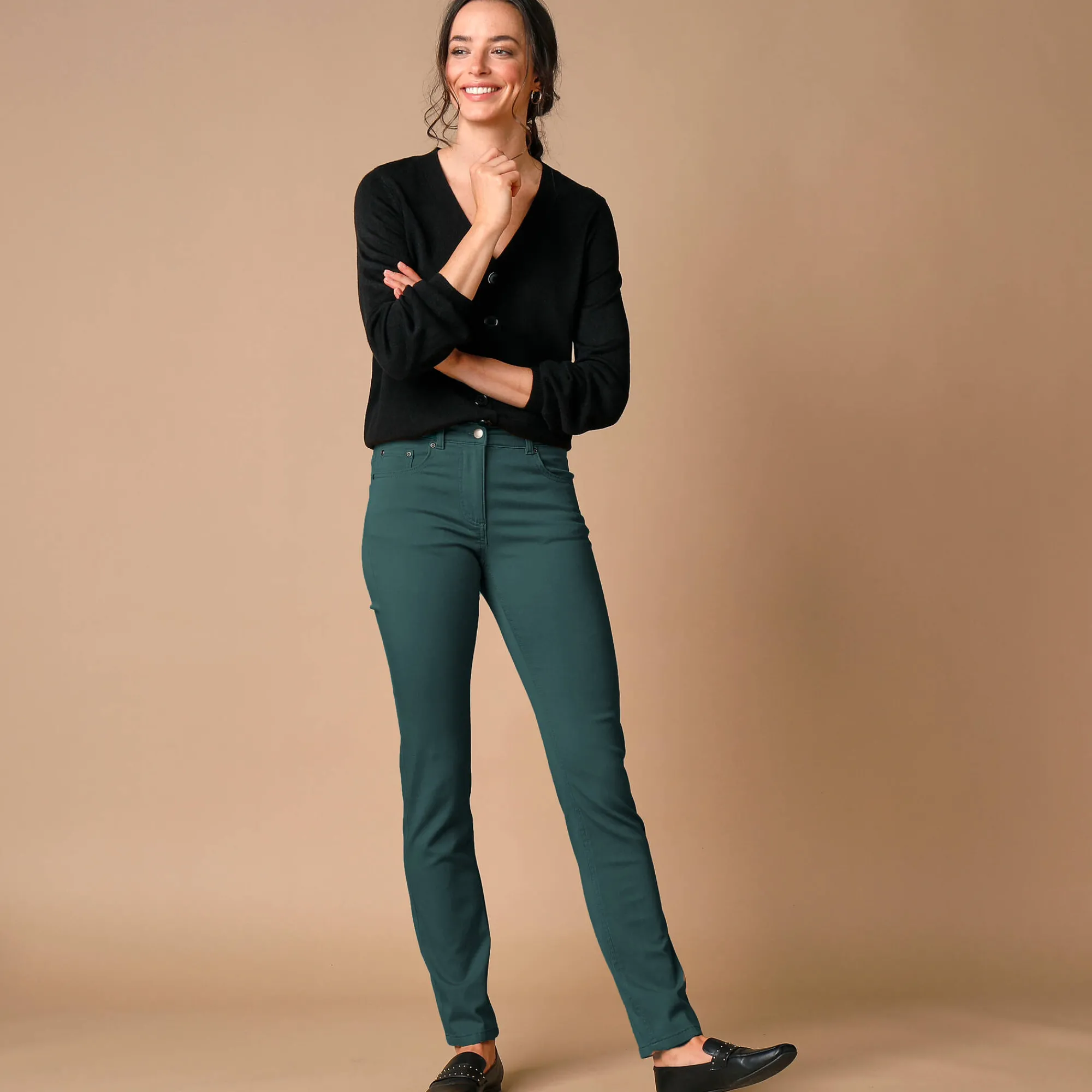 Broek<Colors&Co Rechte stretchbroek dennengroen