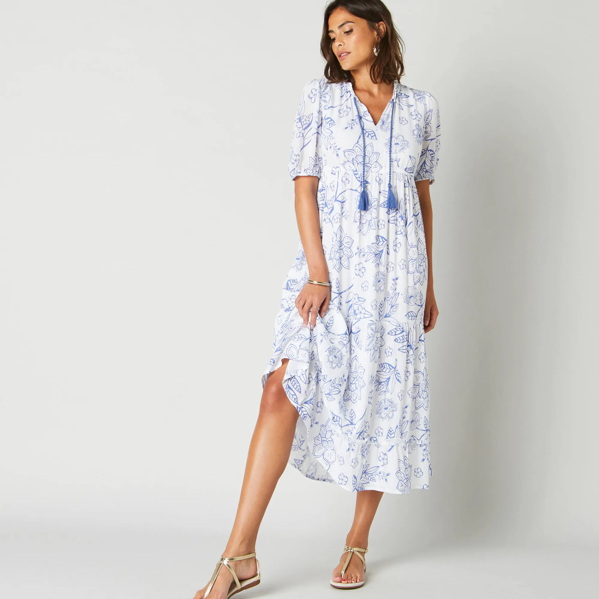 Jurk<Blancheporte Robe longue volantée imprimée wit / blauw