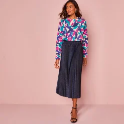 Feestoutfits Dames|Rok<Blancheporte Rok in glanzend plissétricot nachtblauw