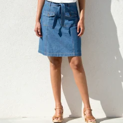 Rok<Blancheporte Rok in lichte jeans, met bindceintuur stone