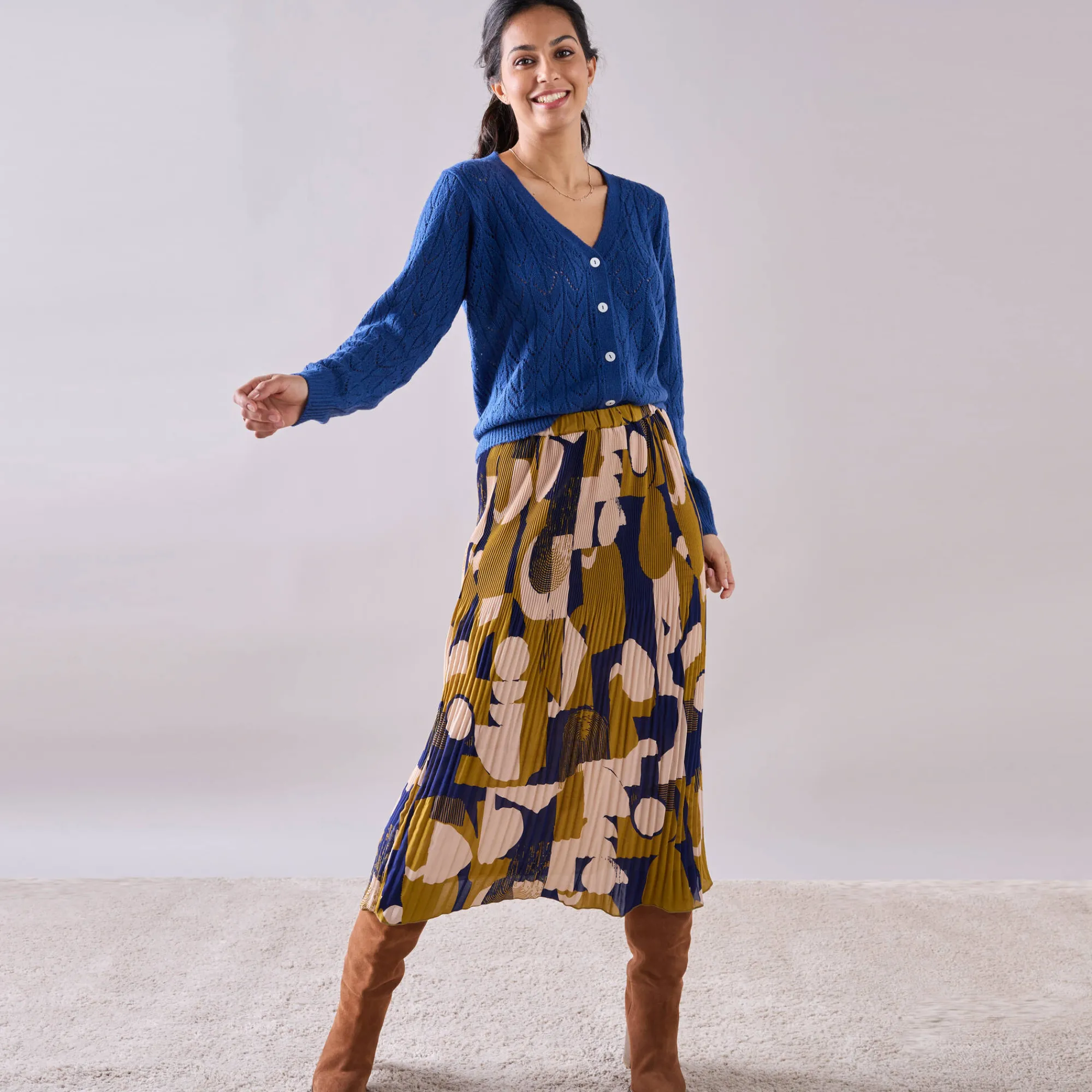 Rok<Blancheporte Rok in plissévoile, grafische print, kleine lengte bronskleur / blauw