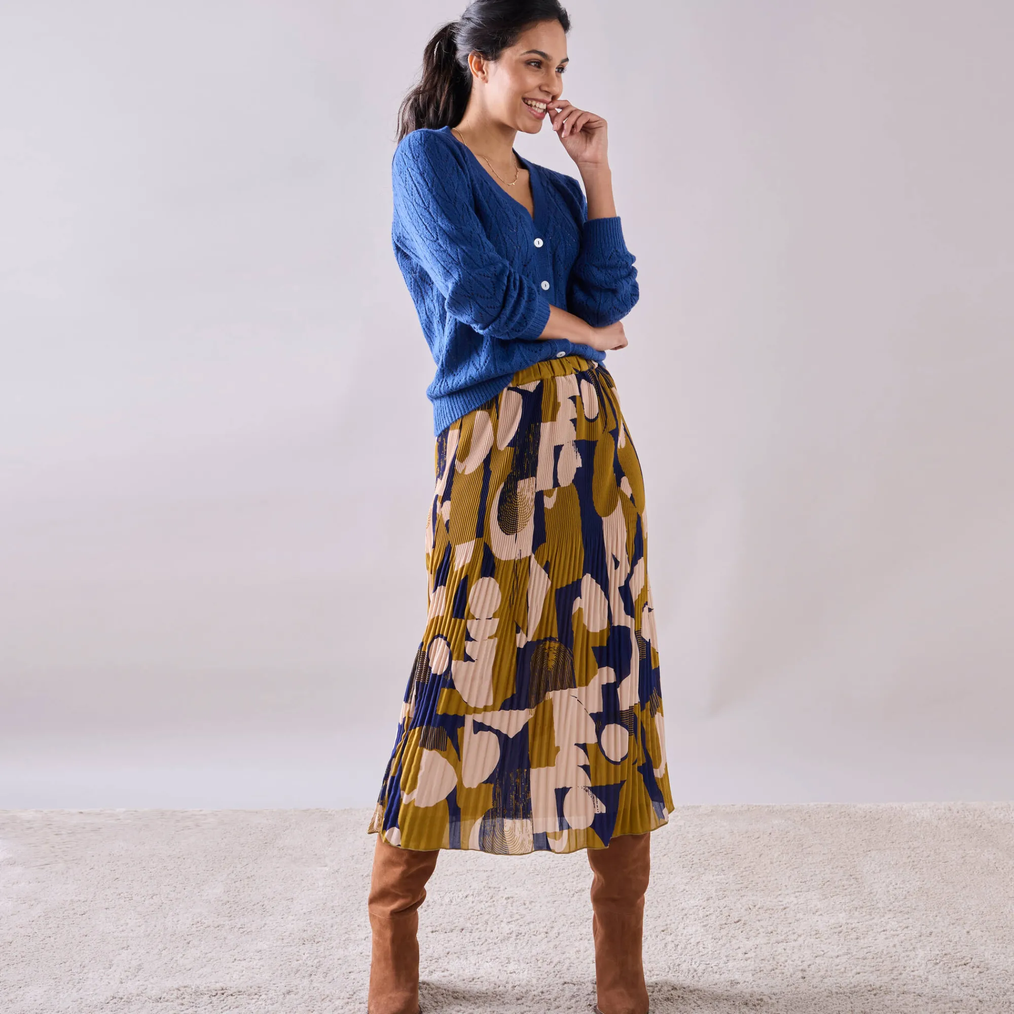 Rok<Blancheporte Rok in plissévoile, grafische print, kleine lengte bronskleur / blauw
