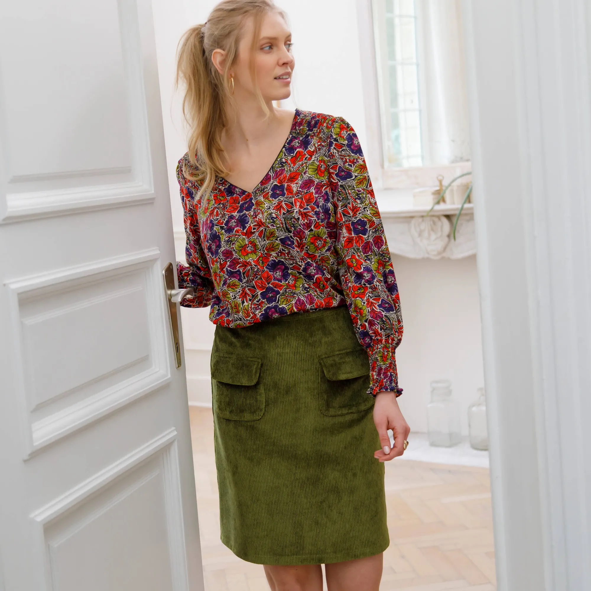 Rok<Blancheporte Rok in velours met A-lijn olijfgroen
