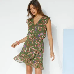Rok<Blancheporte Rok in wikkelstijl met stroken, bedrukte voile kaki / koraal