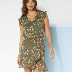 Rok<Blancheporte Rok in wikkelstijl met stroken, bedrukte voile kaki / koraal