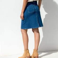 Rok<Blancheporte Rok met A-lijn, in jeans met knopen stone used