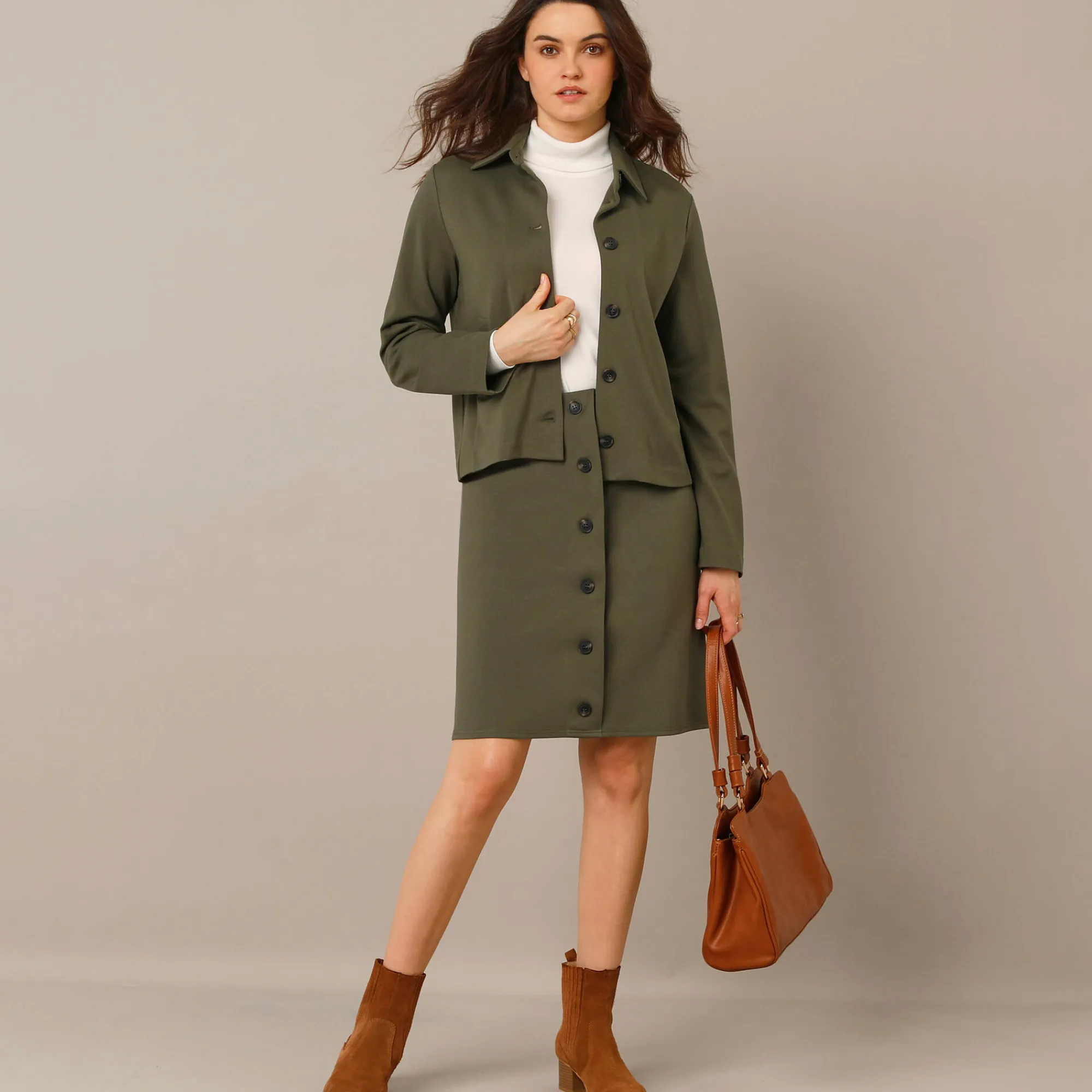 Rok<Blancheporte Rok met fantasieknopen, milano-breisel kaki