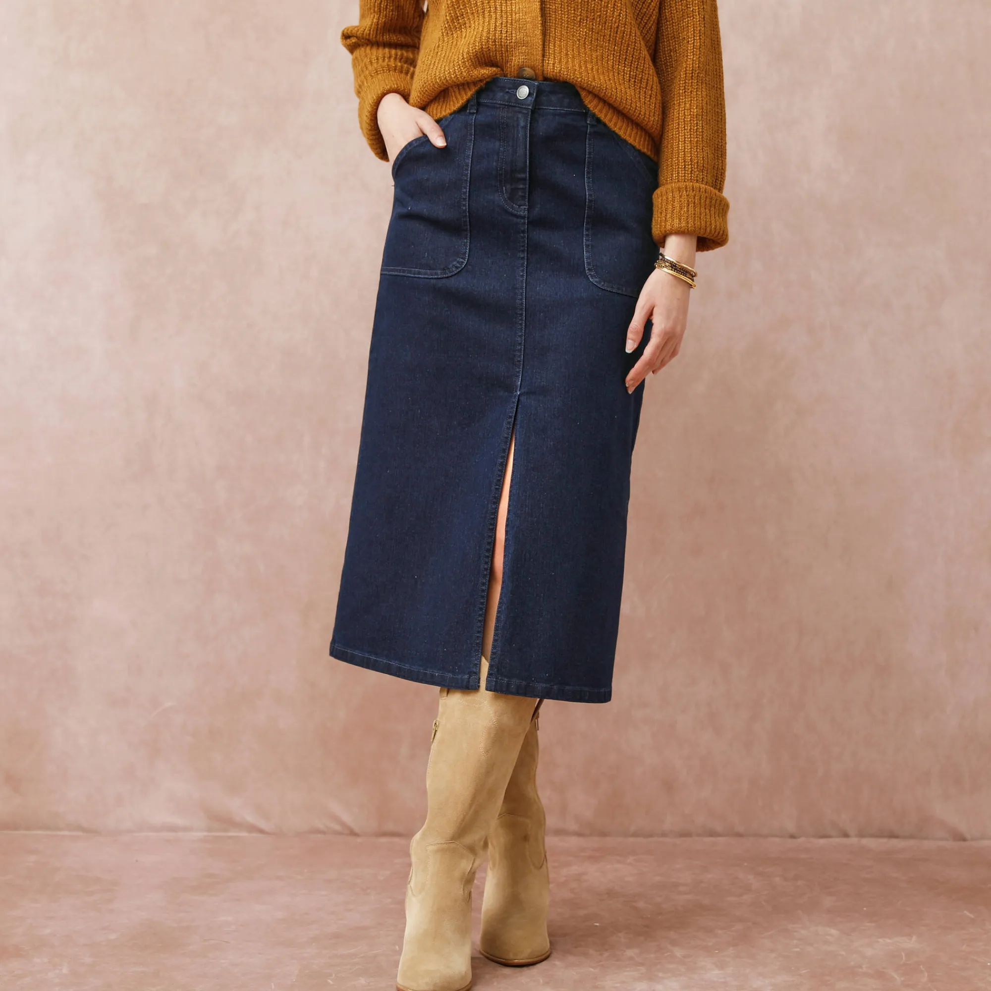 Rok<Blancheporte Rok met split en midilengte, soepel denim raw