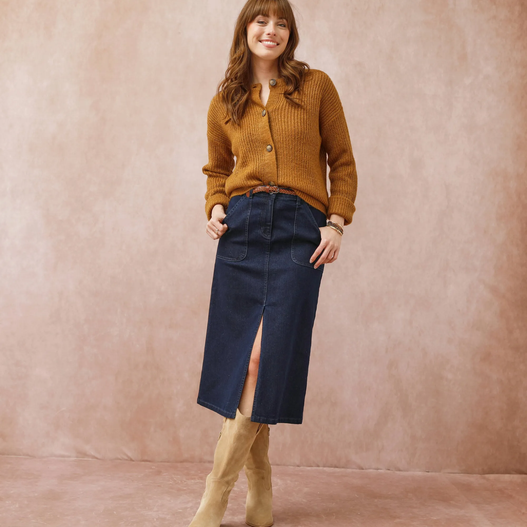 Rok<Blancheporte Rok met split en midilengte, soepel denim raw
