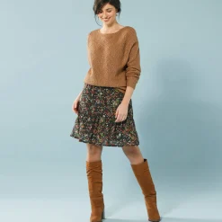Rok<Blancheporte Rok met stroken, in bedrukte voile, voor kleine lengtes kaki