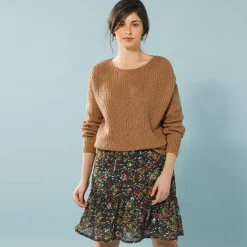 Rok<Blancheporte Rok met stroken, in bedrukte voile, voor kleine lengtes kaki