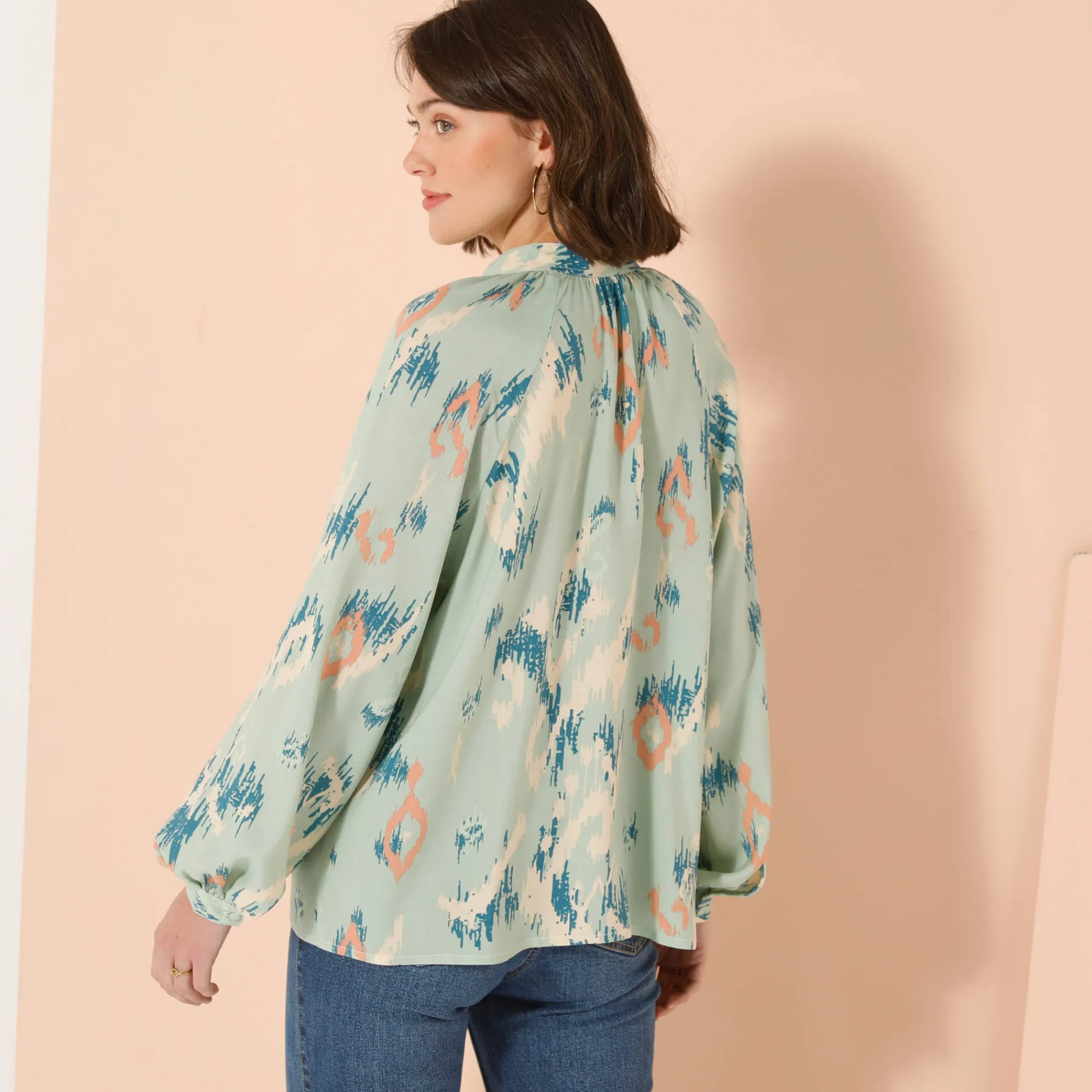 Bloes En Tuniek<Blancheporte Ruime bedrukte bloes, bloezende mouwen groen / blauw