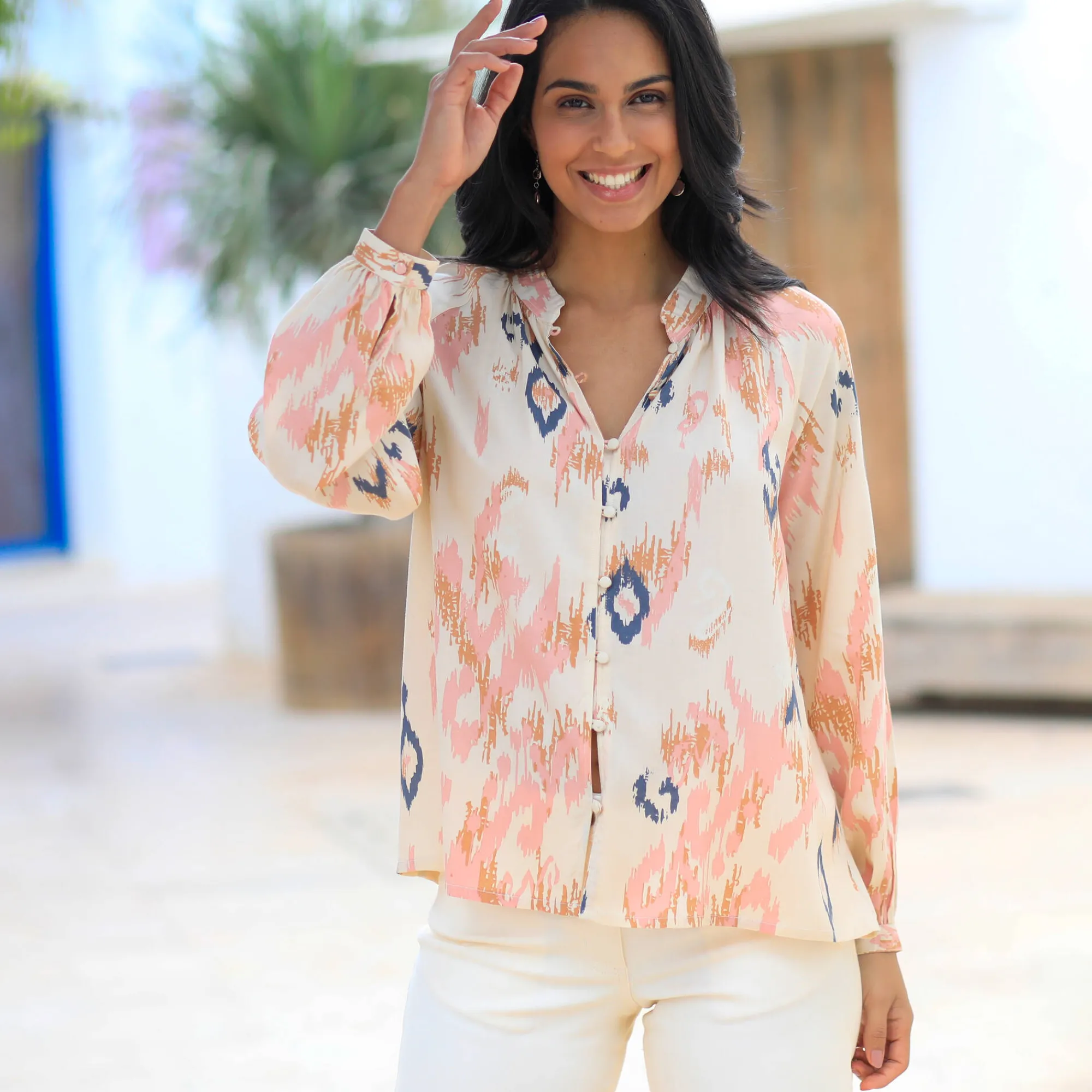 Bloes En Tuniek<Blancheporte Ruime bedrukte bloes, bloezende mouwen beige / roze