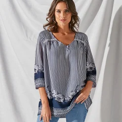 Bloes En Tuniek<Blancheporte Ruime, bedrukte bloes met 3/4-pagodemouwen indigo / ecru