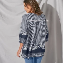 Bloes En Tuniek<Blancheporte Ruime, bedrukte bloes met 3/4-pagodemouwen indigo / ecru