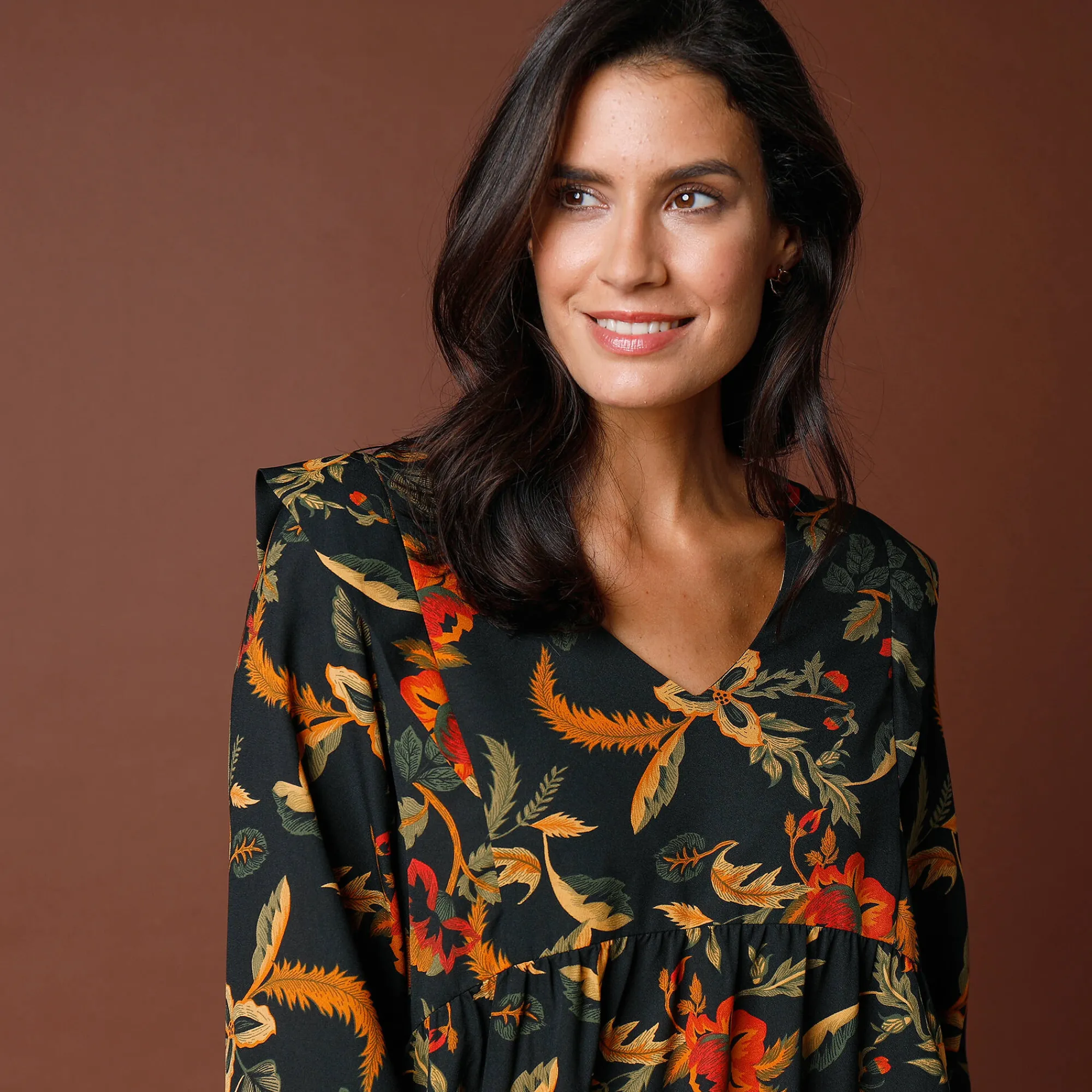 Feestoutfits Dames|Jurk<Blancheporte Ruime, bedrukte jurk zwart / bronskleur