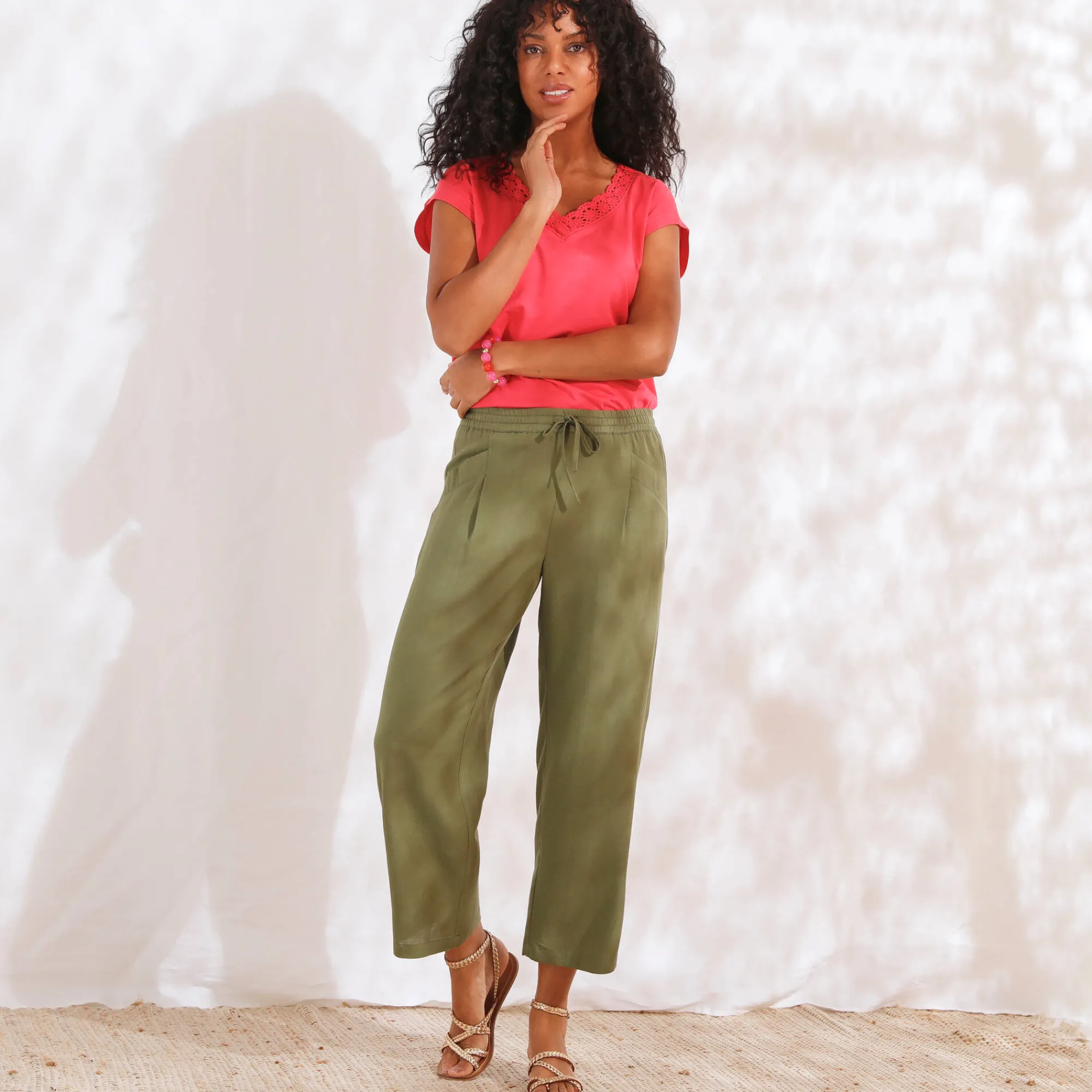 Broek<Blancheporte Ruime 7/8-broek, viscose en linnen kaki