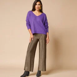 Feestoutfits Dames|Broek<Blancheporte Ruime, comfortabele broek, glanzend tricot goudkleurig