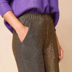 Feestoutfits Dames|Broek<Blancheporte Ruime, comfortabele broek, glanzend tricot goudkleurig