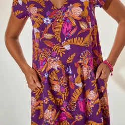 Jurk<Blancheporte Ruime jurk in bedrukte viscose, korte mouwen paars / veelkleurig
