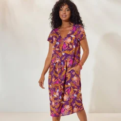 Jurk<Blancheporte Ruime jurk in bedrukte viscose, korte mouwen paars / veelkleurig