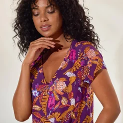 Jurk<Blancheporte Ruime jurk in bedrukte viscose, korte mouwen paars / veelkleurig