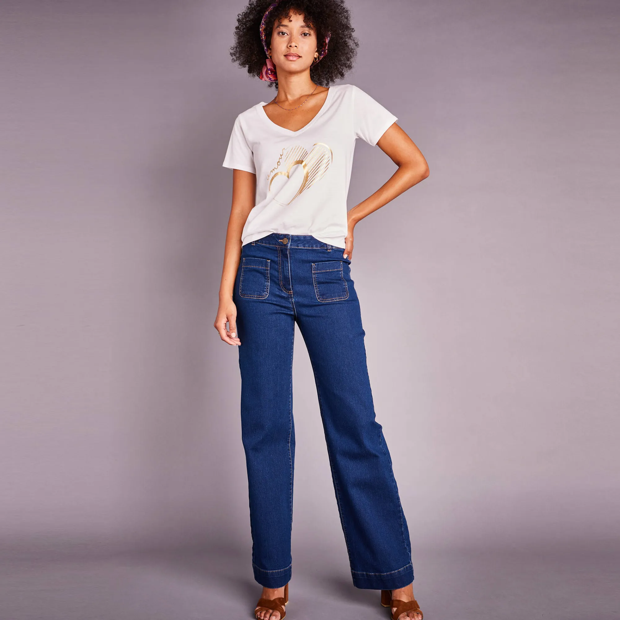 Jeans|Broek<Blancheporte Ruime, rechte jeans, hoge taille, kleine lengte stone