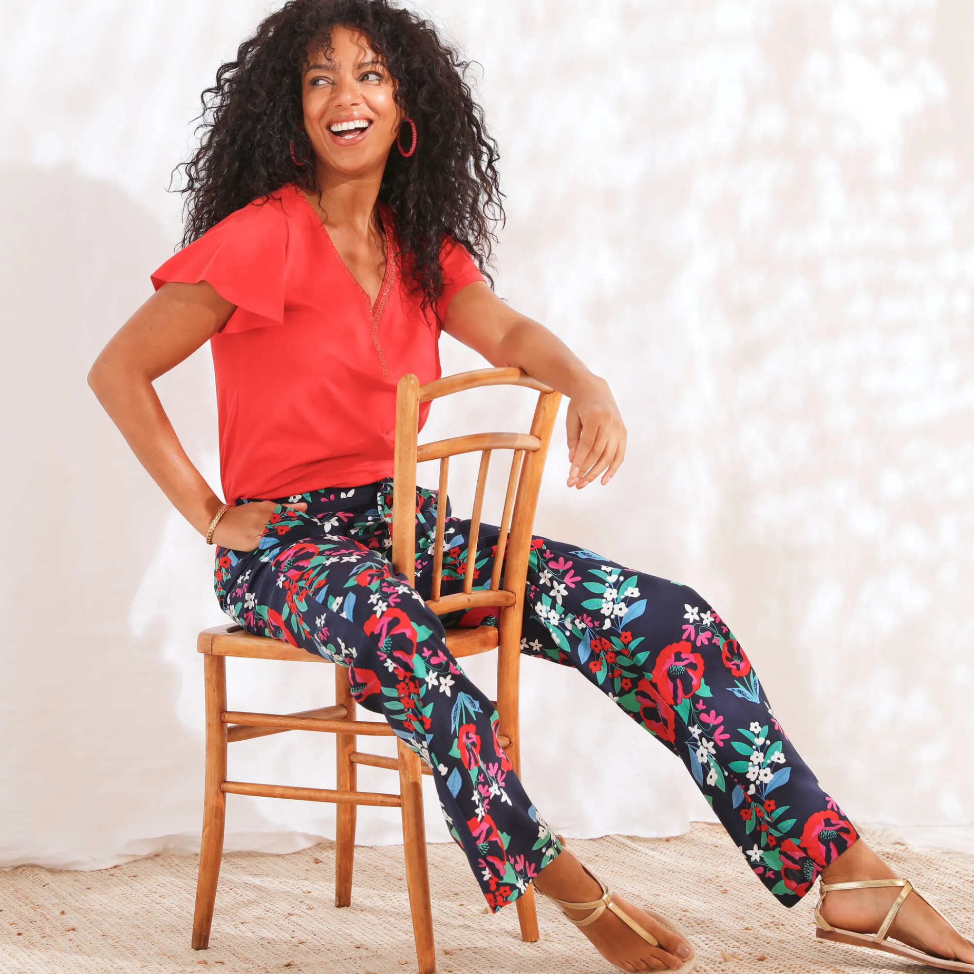 Broek<Blancheporte Ruime, soepele broek, bedrukt marine
