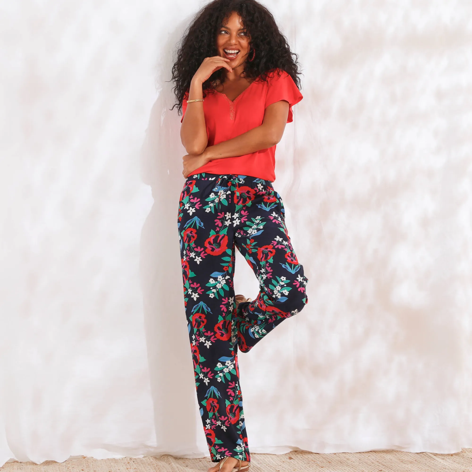 Broek<Blancheporte Ruime, soepele broek, bedrukt marine