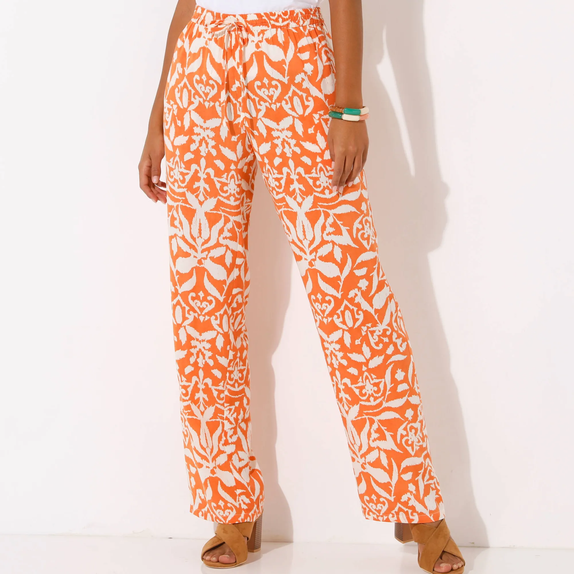 Broek<Blancheporte Ruime, soepele broek, tweekleurige etnische print mandarijn / beige