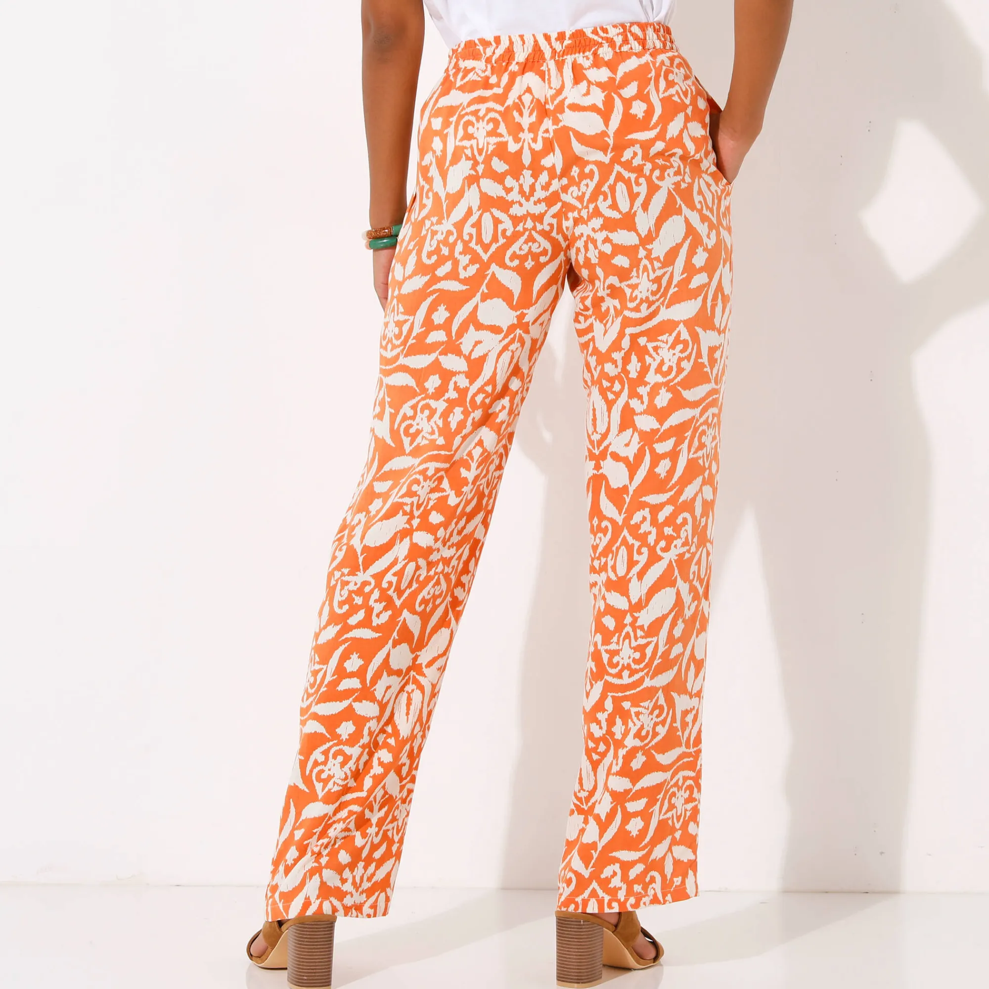 Broek<Blancheporte Ruime, soepele broek, tweekleurige etnische print mandarijn / beige