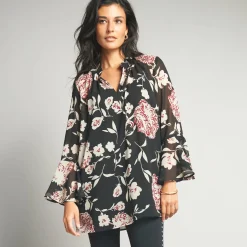 Feestoutfits Dames|Bloes En Tuniek<Lora Zellini Ruime tuniek, in bedrukte voile zwart / beige