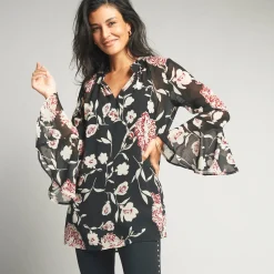 Feestoutfits Dames|Bloes En Tuniek<Lora Zellini Ruime tuniek, in bedrukte voile zwart / beige
