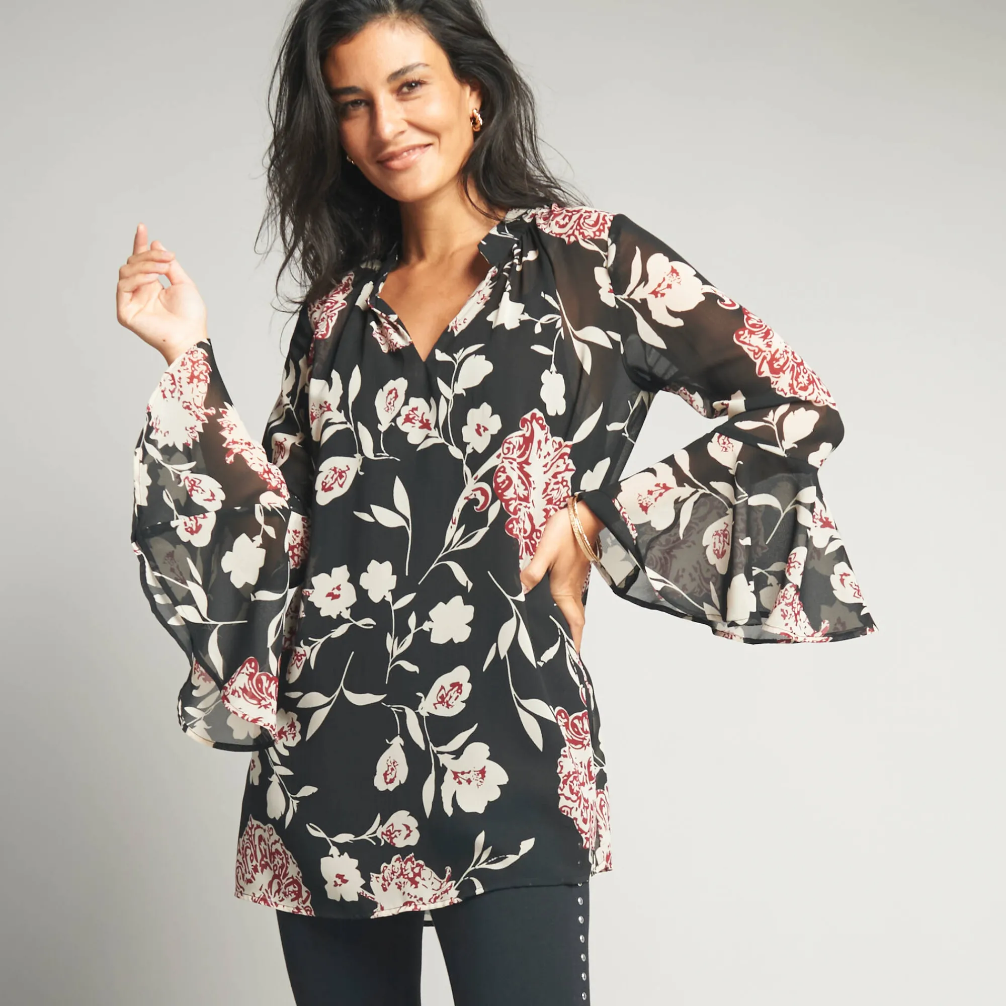 Feestoutfits Dames|Bloes En Tuniek<Lora Zellini Ruime tuniek, in bedrukte voile zwart / beige